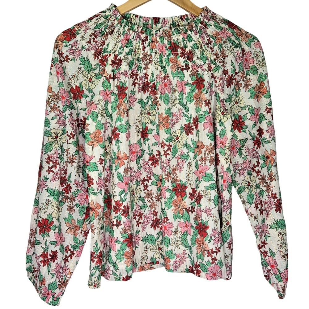Crewcuts Girls XL Floral Smocked Neck Metallic Stripe Blouse BL686 NEW